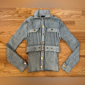 Karen Millen Viscose Blend Belted Utility Green/Blue Rib Cardigan Womens Size XS